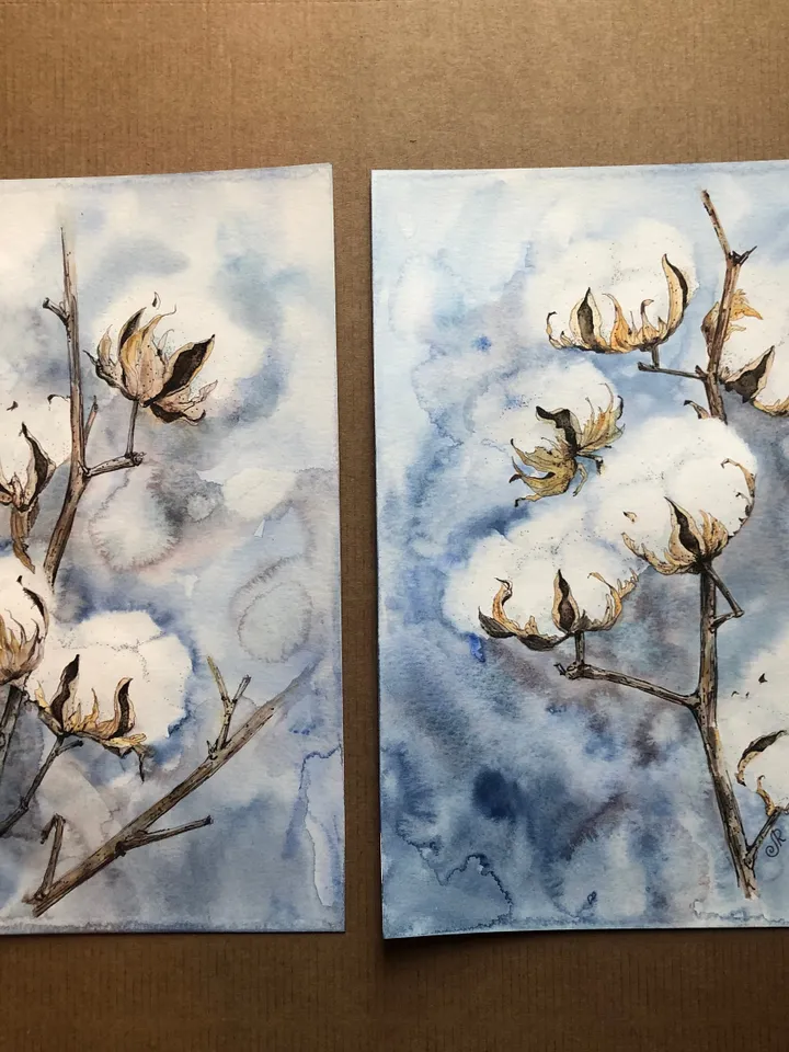 Cotton Watercolor Painting Set of 2 Flowers Original Painting Floral Art