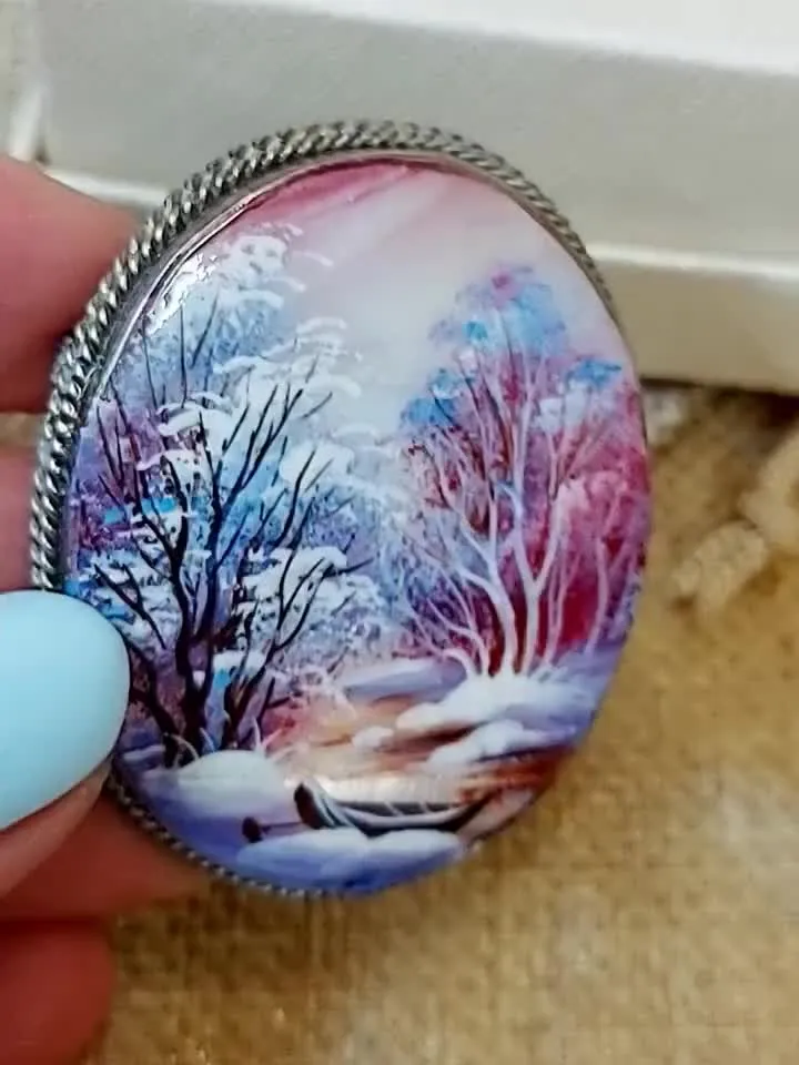 Brooches for women: river and charming little boat in a snow-covered forest on pearl brooch • purple dainty handmade jewelry • Aesthetic pin