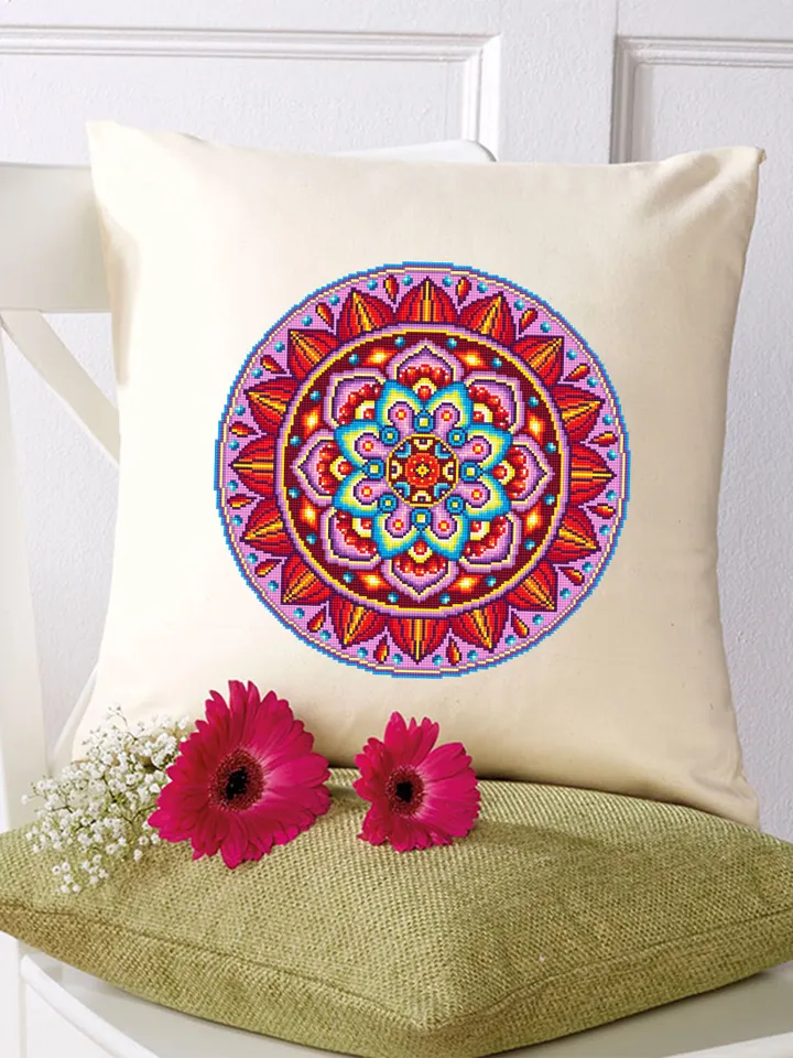 Bright mandala cross stitch pattern download PDF, Mandala ornament cross stitch chart, Modern beginner stitch, Colorful awesome pattern #M93