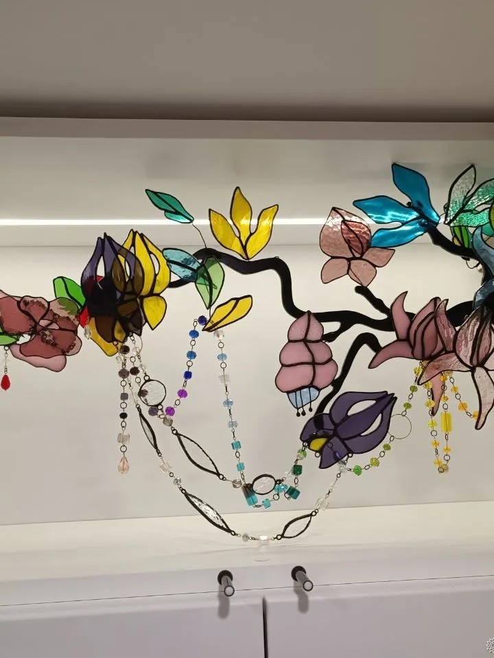 Large 3D Stained Glass Branch with Beaded Garlands, Large 3D Branch with Glass Bead Garlands, Large 3D Stained Glass Branch with Beaded Garlands, Artistic Glass Flower Stem with Beads, Fantasy-Inspired 3D Floral Glass Sculpture, Handcrafted Stained Glass