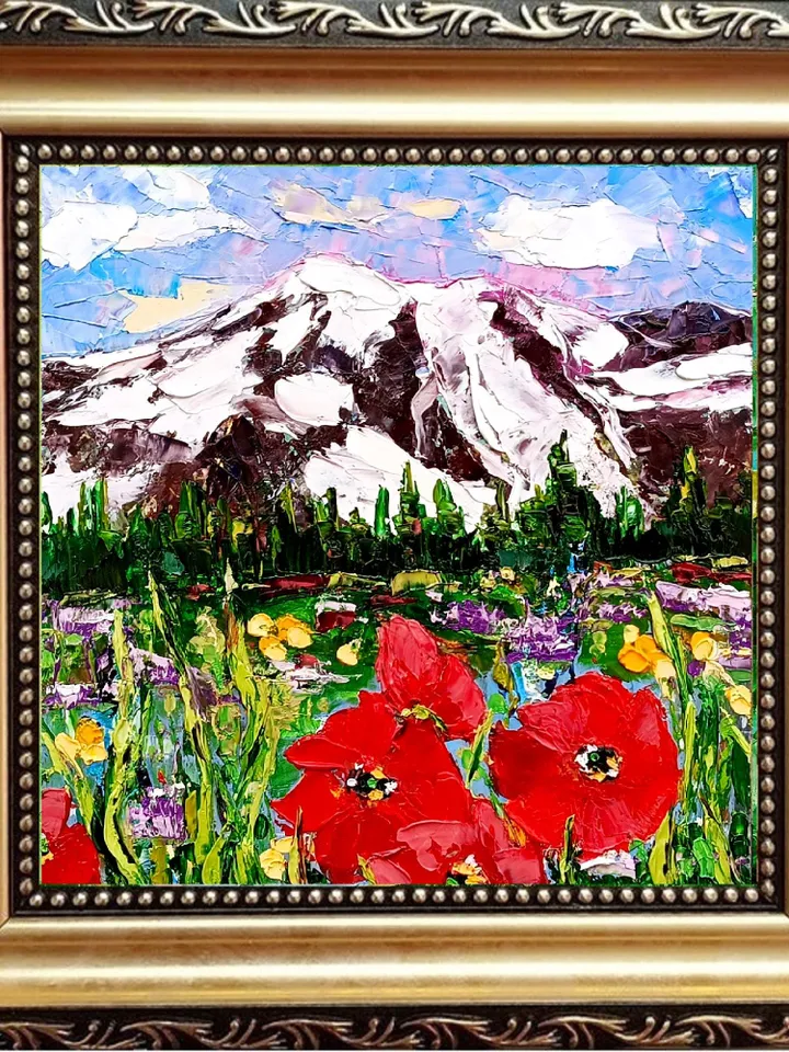 Mount Rainier Painting Washington Landscape Original Art Mountains Impasto Wall Decor for Home Travel Gifts by ArtProkopaloSv