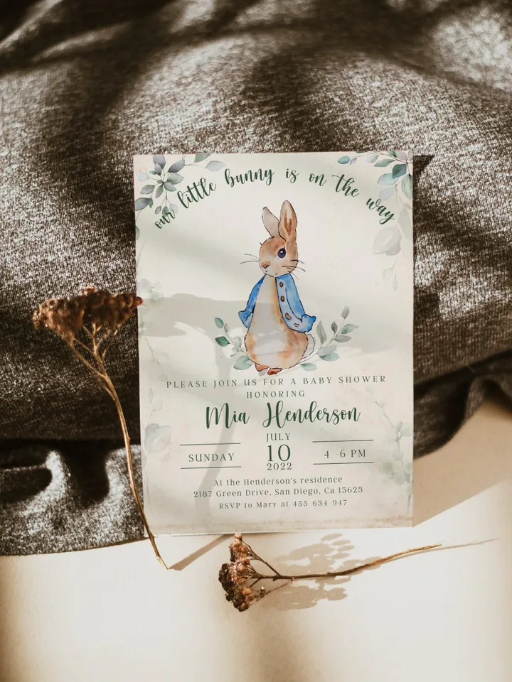 Peter Rabbit Baby Shower Invitation; Neutral Baby Shower Bunny invite; Editable Bunny Baby shower template; BabyBoy Invite; Bunny on the way