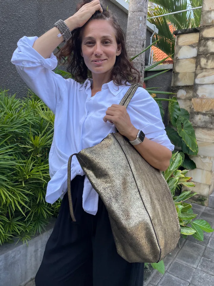 Genuine leather gold tote shopper big bag / everyday purse / handmade bags / designer bags / metallic summer bag / gift for her