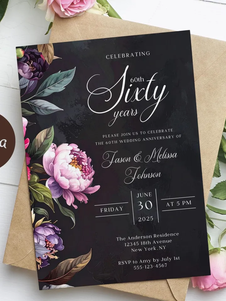 60th Anniversary Party Invitation, 50th, 40th, 30th, 20th, Moody Burgundy & Blush Peony Floral Canva Template 5x7 birthday evite
