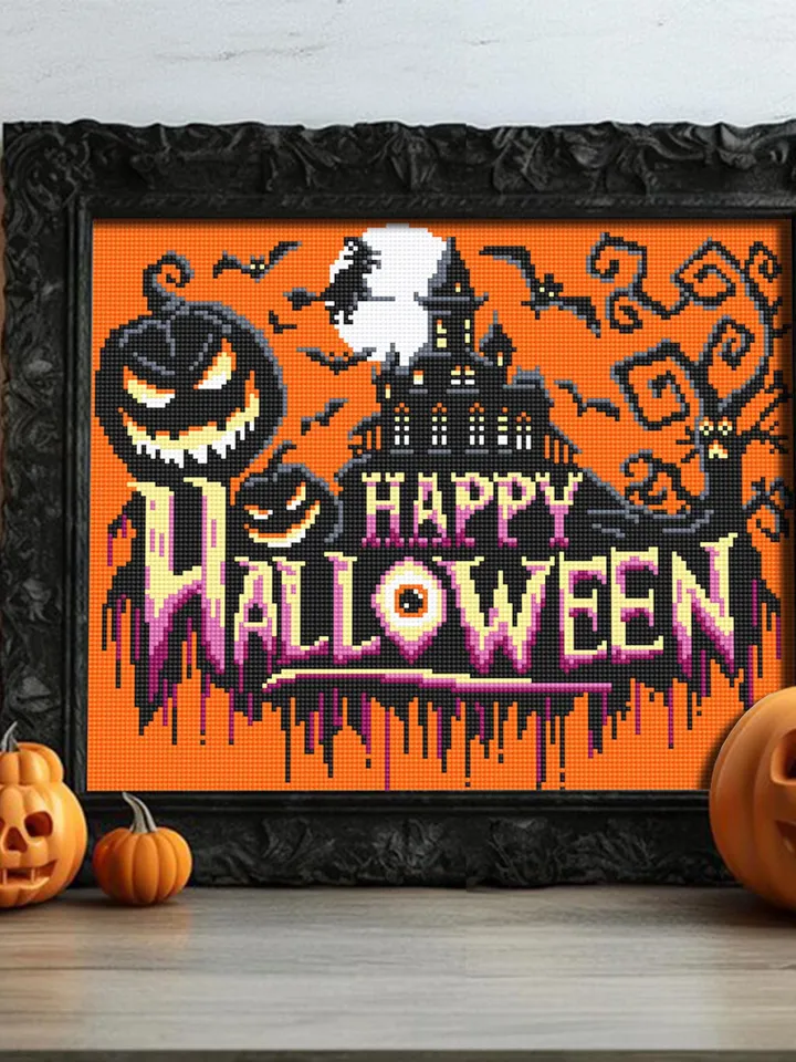 Happy halloween cross stitch pattern download PDF Halloween pumpkin cross stitch chart, Spooky pattern digital PDF, Haunted house #H82