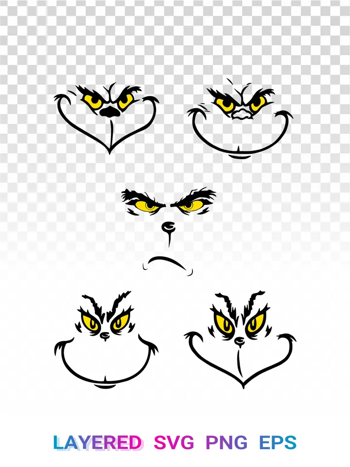 Grinch Face Expressions SVG Bundle, Transparent Christmas PNG