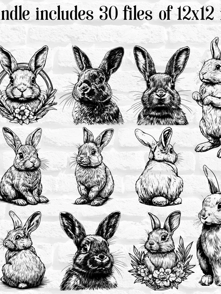 Vector Bunnies 14 Designs Bundle cute Rabbit SVG file Easter Bunny PNG for Sublimation, Cricut, Bunnies Laser Cut file for engraving, Prints