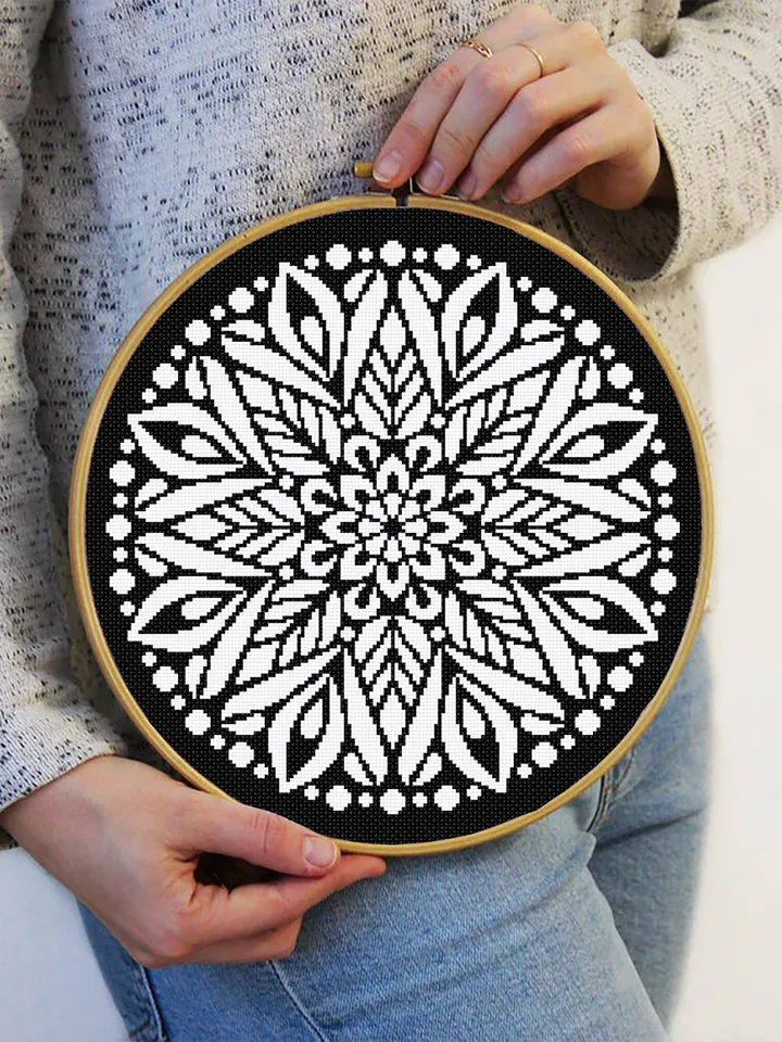 Flower mandala cross stitch pattern download PDF Simple mandala digital Monochrome cross stitch Modern cross stitch pillow Home decor #M177