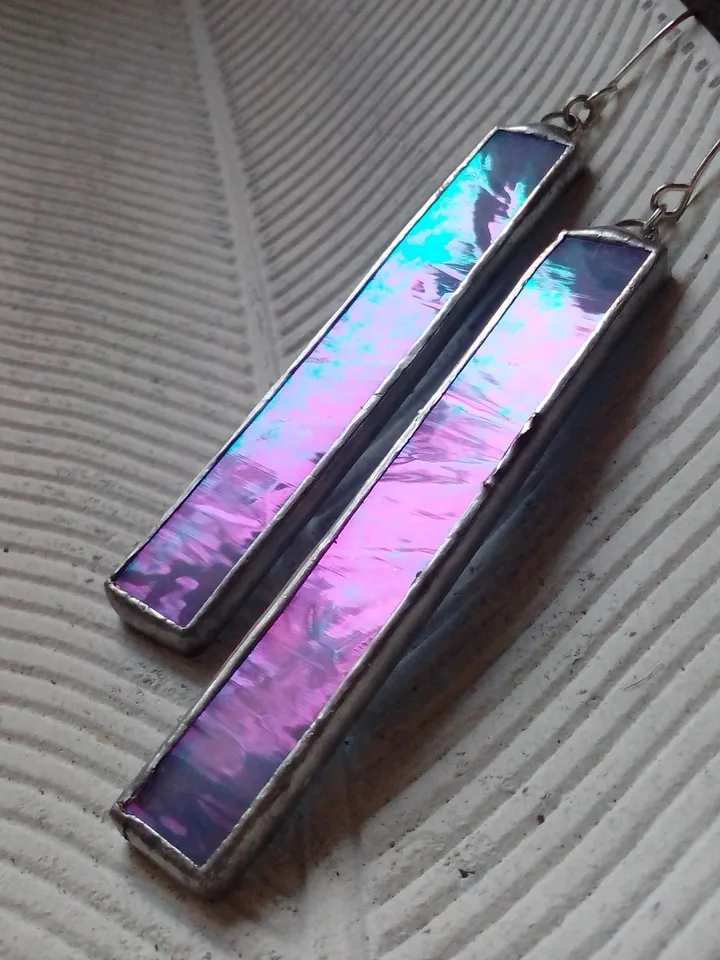 Iridescent stained glass blue earrings, cute rectangle earrings, dichroic earrings, duochrome earrings