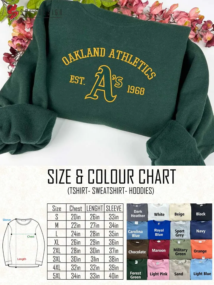 Oakland Athletics Est 1968 Embroidered Sweatshirt, MLB Embroidered Sweatshirt, MLB Oakland Athletics T Shirt, MLB Baseball Team Embroidered Hoodie, Unisex Crewneck, MLB Team Fan Gift Tee