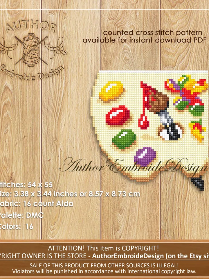 Paint palette Corner bookmark cross stitch pattern PDF download Artist palette cross stitch chart, Handmade bookmark pattern digital #B327