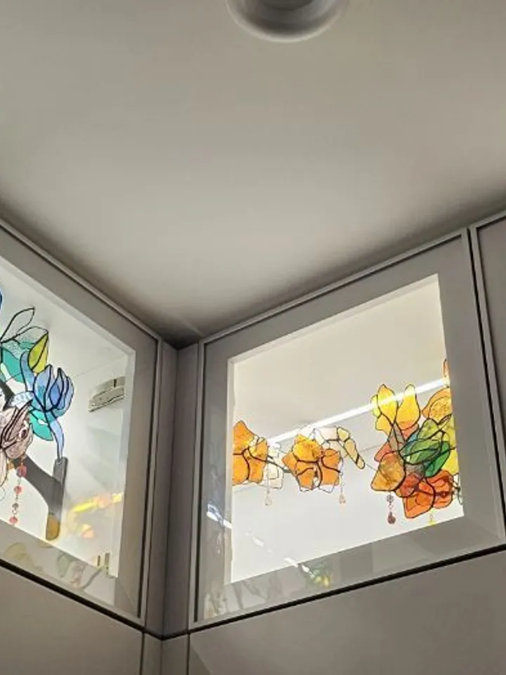 Yellow-Orange 3D Stained Glass Branch, 3D Branch in Yellow and Orange Tones, Handmade Stained Glass Floral Accent, Tiffany Glass Floral Twig in Warm Tones, Multilayer Yellow and Orange Stained Glass Stem, Artistic 3D Glass Flower Composition