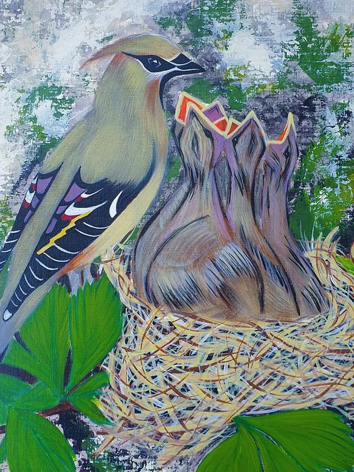 Waxwing Painting Bird Original Art Bird Nest Wall Art Animal Acrylic Painting