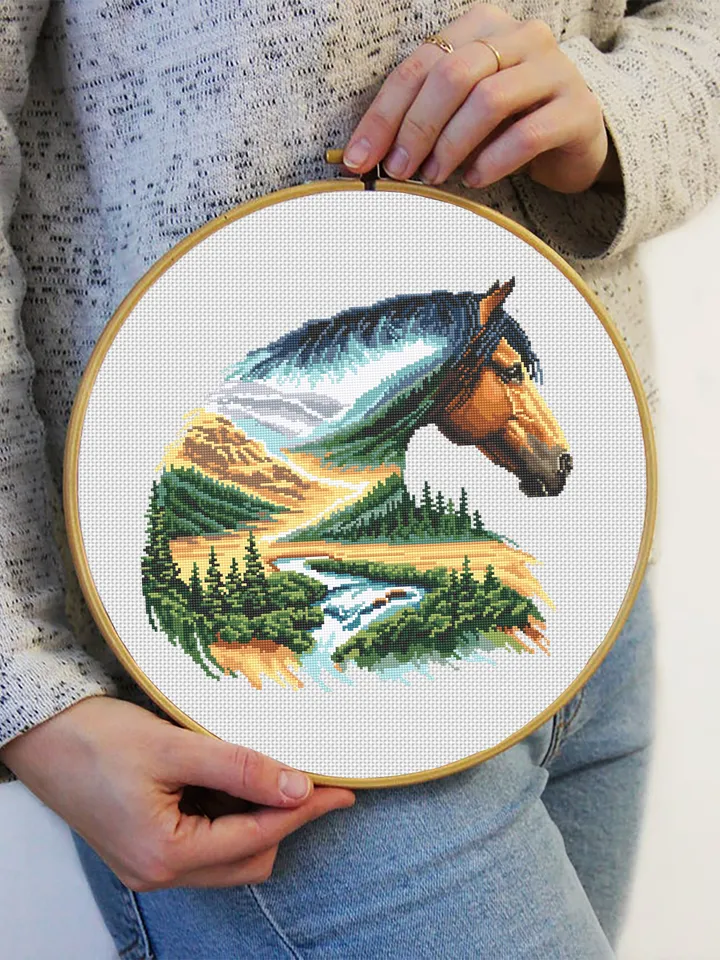 Watercolor horse cross stitch pattern PDF download Nature landscape cross stitch chart, Horse pattern digital PDF, Gift for horse lover #L82