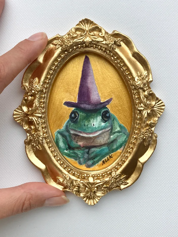 Framed Witch Frog Painting Original Green Frog Artwork Amphibians Art Watercolor Painting Tiny Artwork
