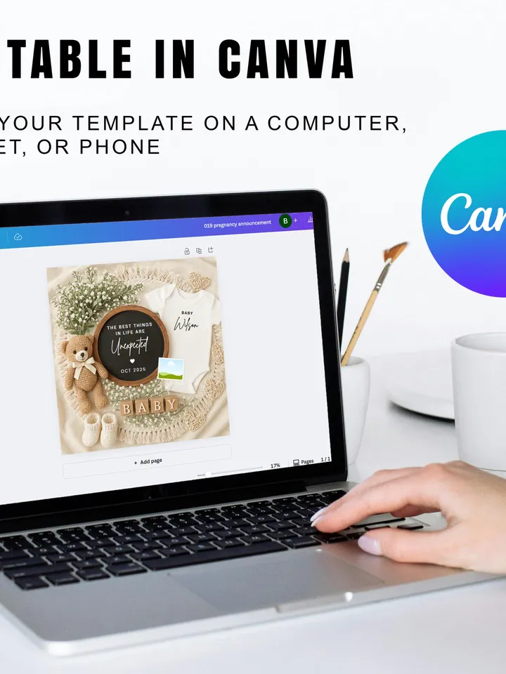Pregnancy Announcement Digital Canva Template Unexpected Baby Reveal Editable Gender Neutral Boho Style Baby Announcement for Social Media