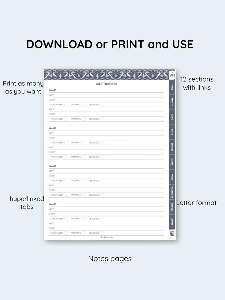 Christmas holiday planner. Event meal journal. Christmas gifts log. Holiday budget planning. Advent calendar for kids