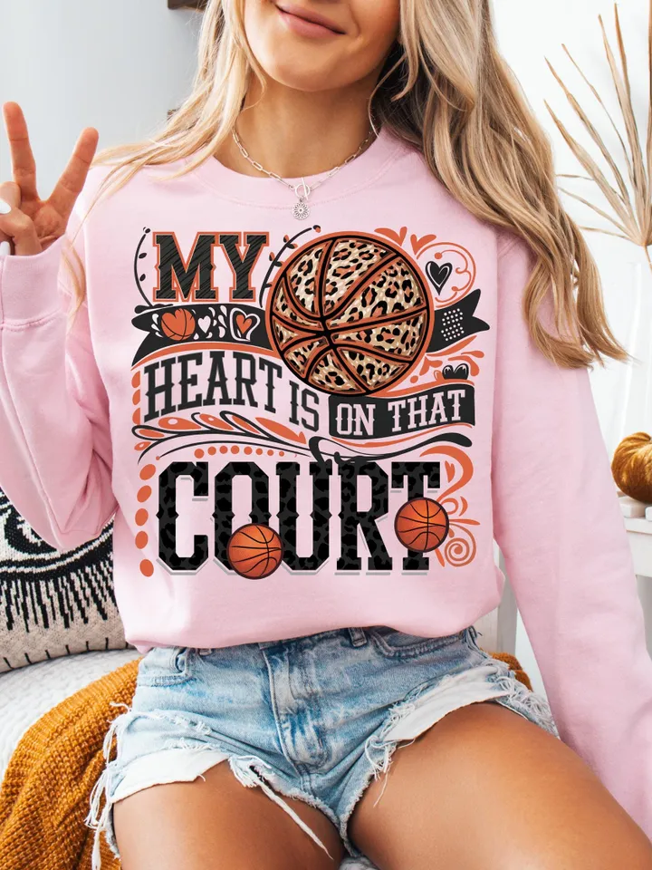 My heart is on that Court Basketball PNG Game Day Tshirt Design Leopard Heart Basketball Mom Mama Sublimation Design Digital Download File