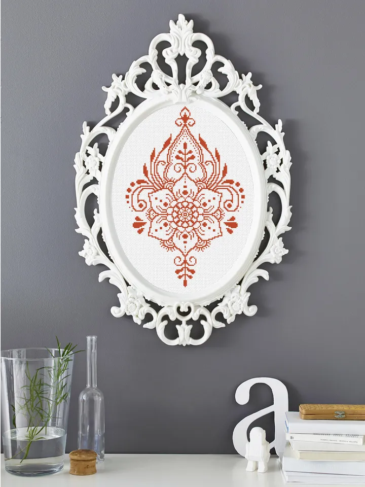 Flower cross stitch pattern download PDF, Monochrome mandala cross stitch chart, Modern beginner stitch, Floral ornament embroidery PDF #M55