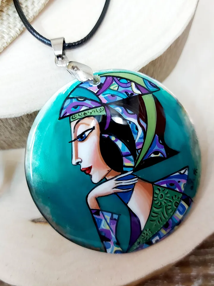 Pendant "In purple tones 2" Mother-of-pearl Hand-painted Art gift Russian necklace, fine art jewelry Fedoskino
