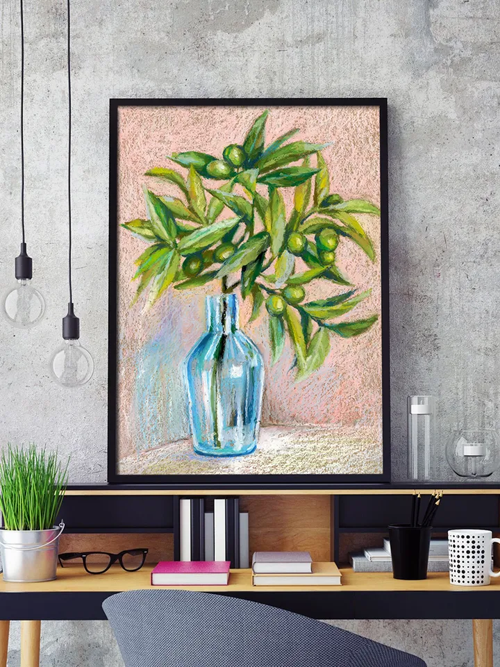 Print template, Still life, Olive tree branch in a glass vase, Digital file for printing and design, Poster for the kitchen