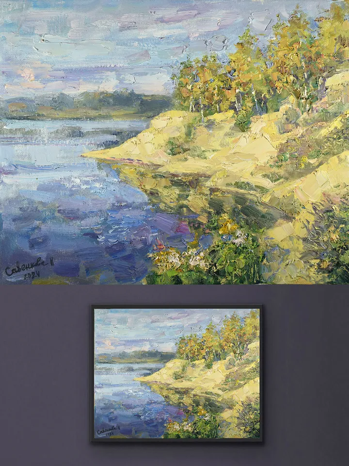 Autumn Painting Sandy Beach Artwork Lake Birch Nature Art