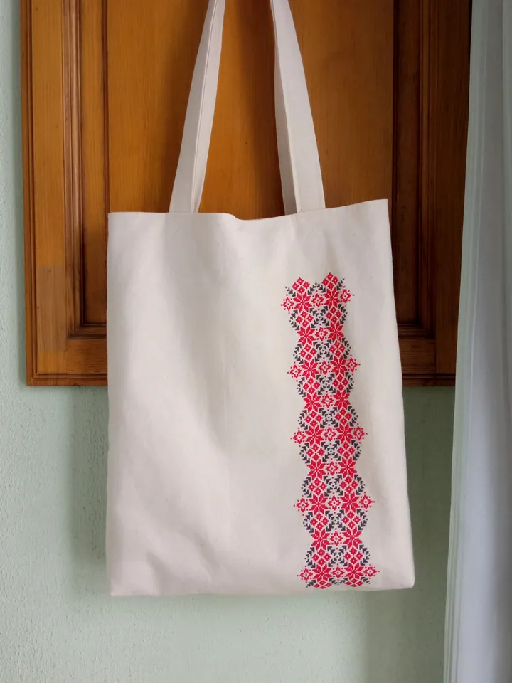 Hand embroidered tote bag "Tradition" with Belarusian folk ornament. Made of natural cotton with cross-stitch embroidery, linen lining and magnetic closure. Unique handmade gift preserving cultural heritage