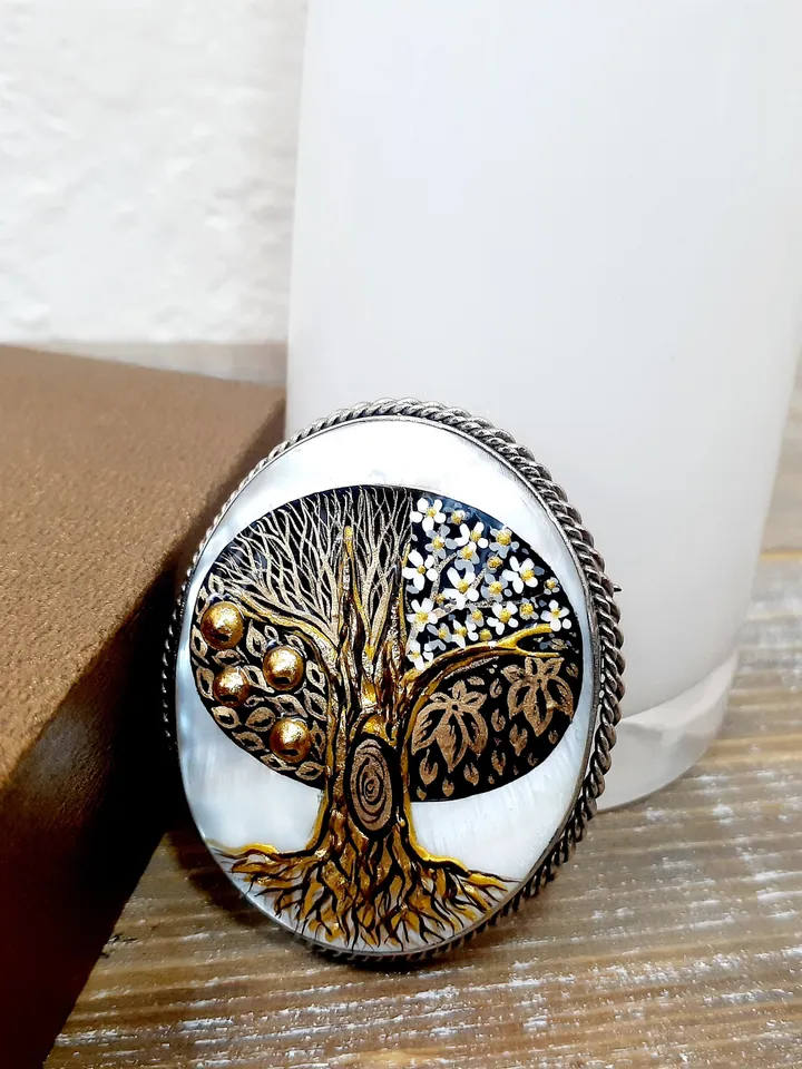 Brooches for women: Tree of life with four seasons on pearl pin • Mother of pearl brooch hand painted in in Klimt style • Dainty brooch