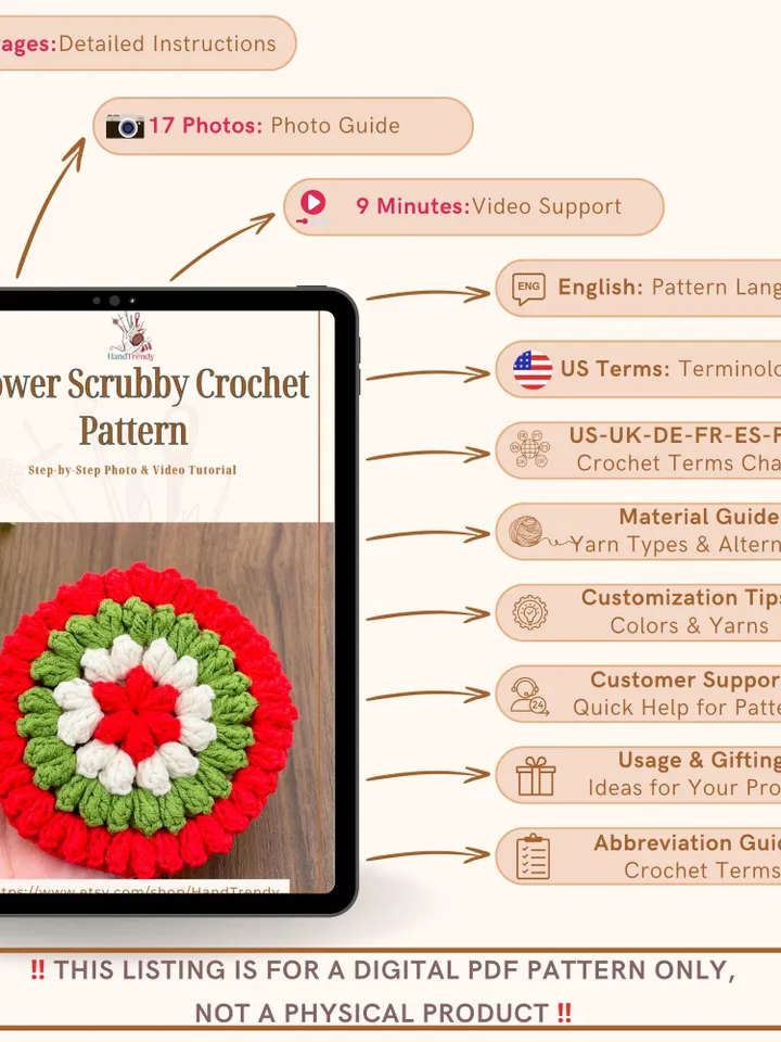 Flower Scrubby Crochet Pattern, Festive DIY Decorative Scrubby for Eco-Friendly Christmas Gift, Easy Beginner PDF Tutorial