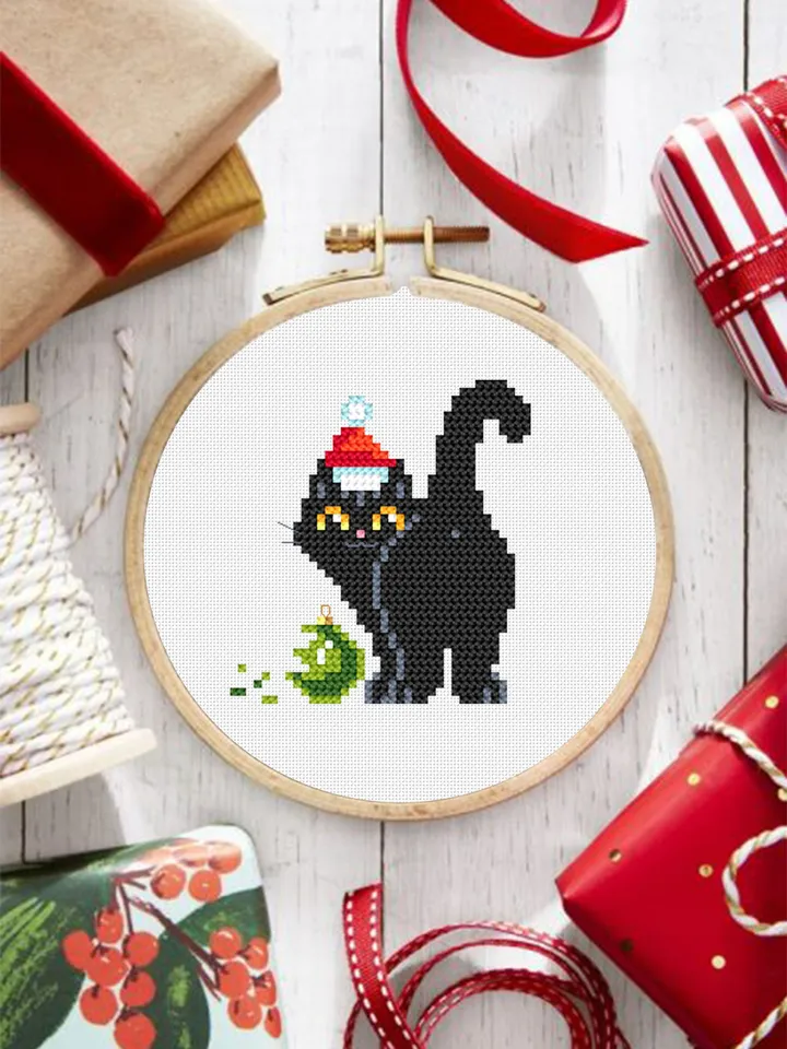 Set Christmas cats cross stitch pattern download PDF, Cute black cat embroidery PDF, Christmas cross stitch chart, Funny home cat decor #N77
