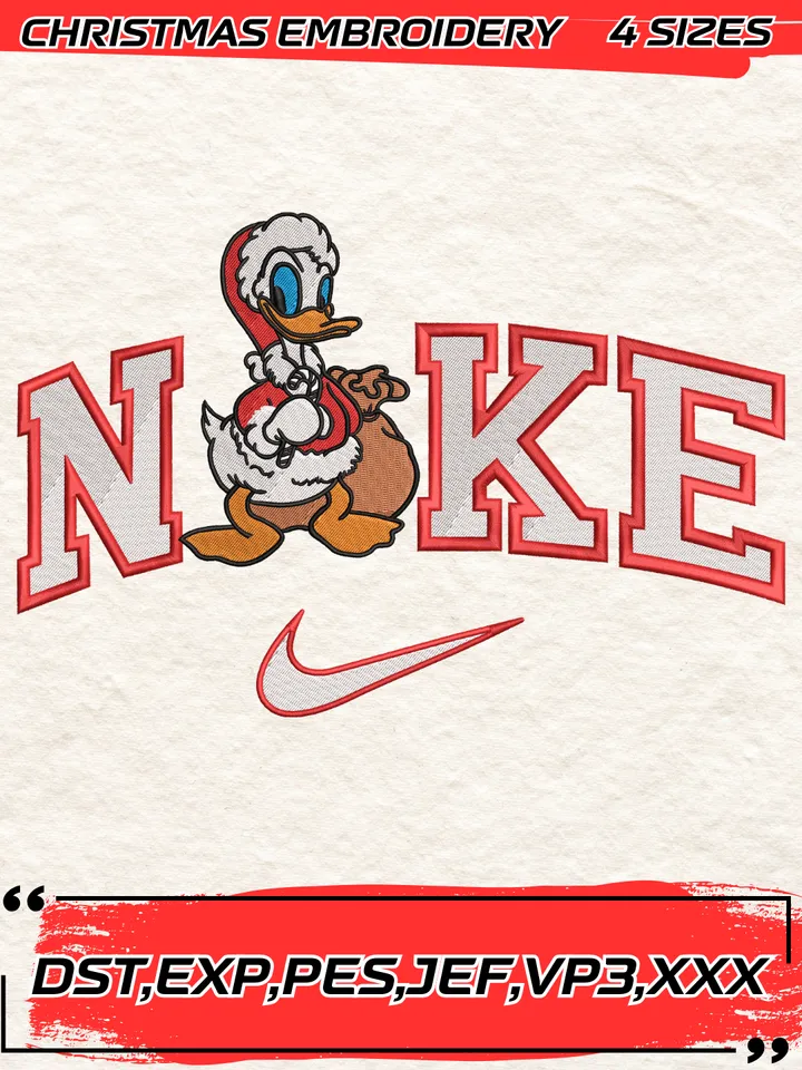 Swoosh Donald Duck Christmas Embroidery Design,Christmas Embroidery Design,4 Sizes,Digital Download