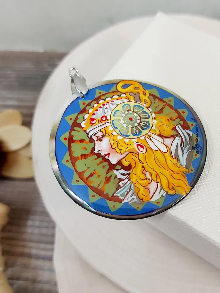 Pearl pendant necklace: The Blonde by Alphonse Mucha on dainty necklace. Charming art hand painted on shell pendant. Cute gift for friend.