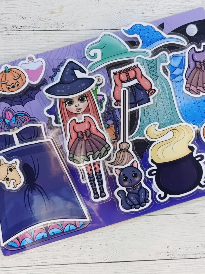 Printable Witch Paper doll with a set clothes, Halloween printable doll house, Blythe paper doll dress up, Busy book printable crafts kids