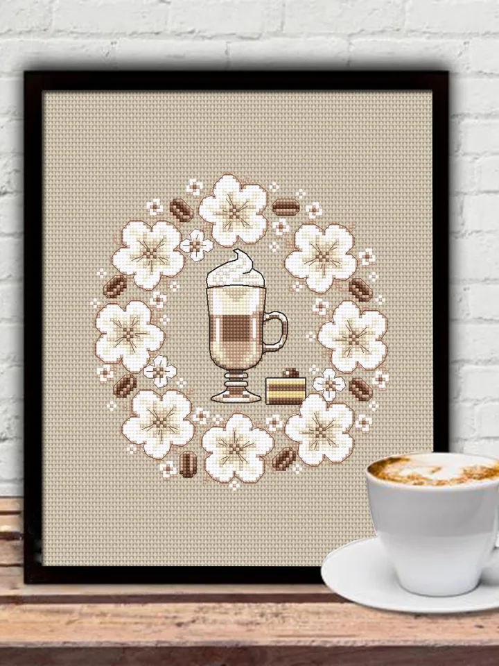 Coffee cross stitch pattern PDF download Latte cross stitch chart, Floral coffee pattern digital PDF, Flower wreath, Coffee lover gift #F19