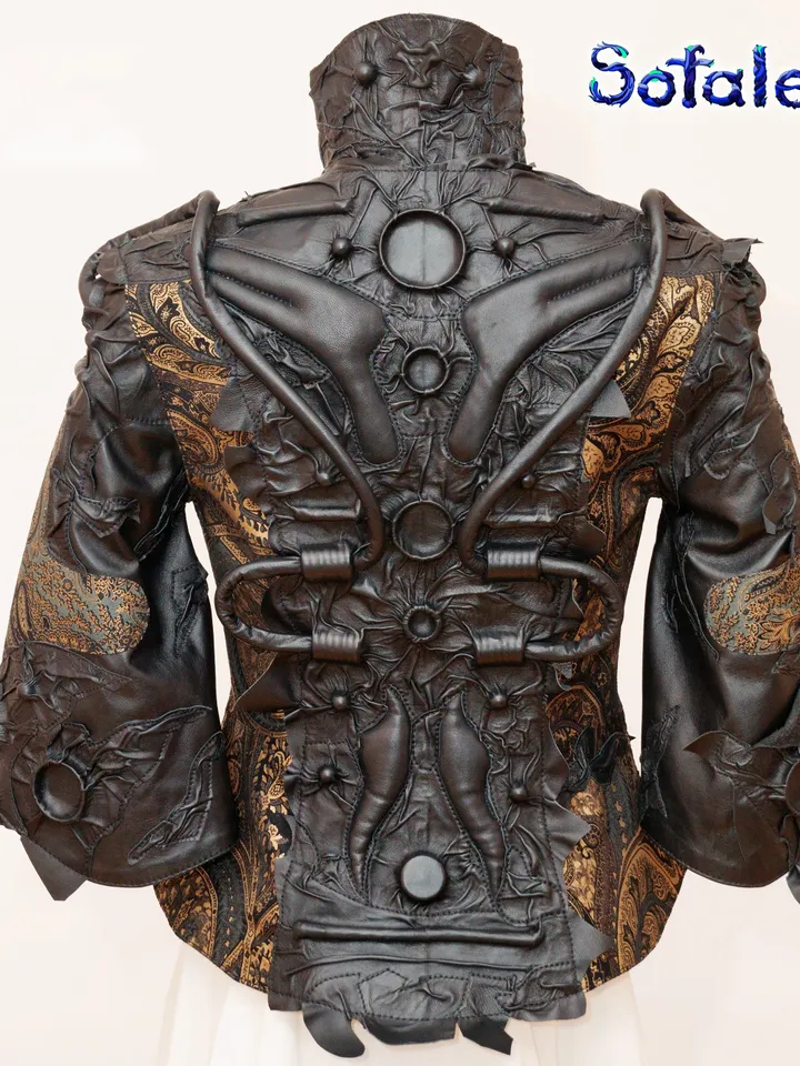 The unique genuine leather jacket 3/4 sleeves, wide bracelets, collar, cyberpunk style by Sofalee. The real leather coat