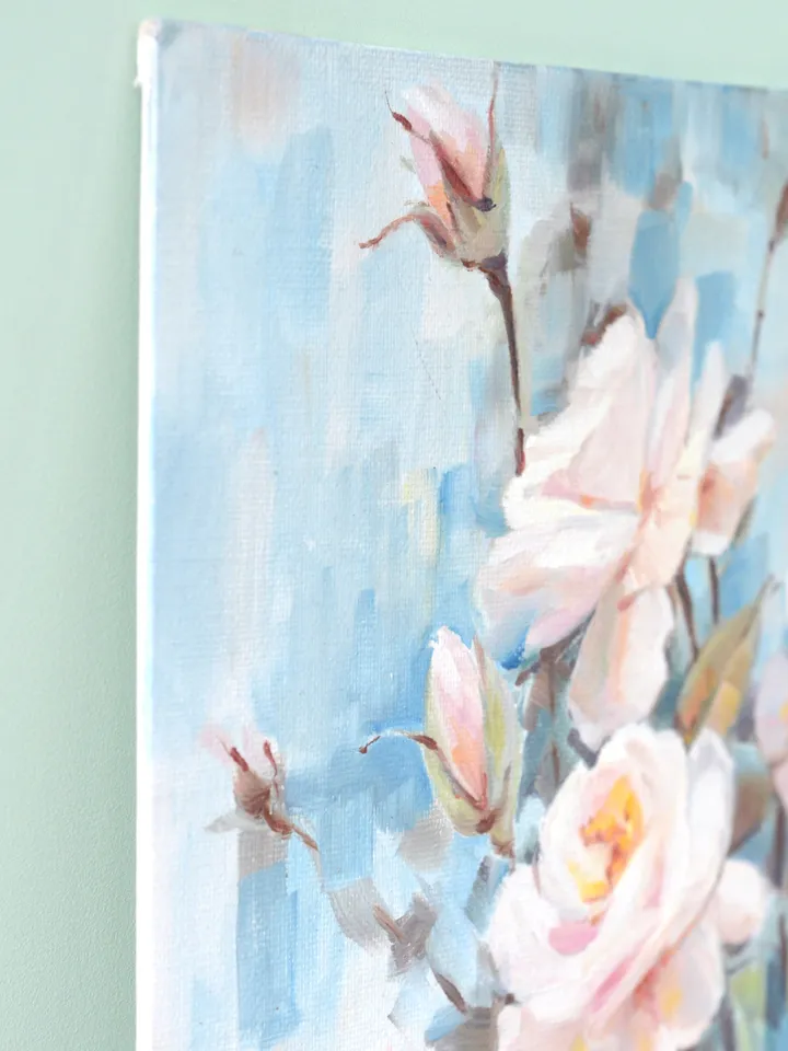 Roses oil painting / Pink flowers on blue art $95.00 | Buy online with ...