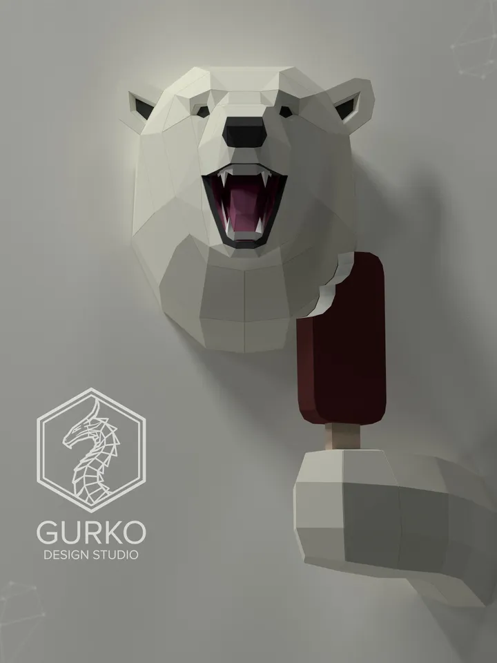 Smiling Polar Bear Papercraft, Digital Template, PDF Download, Gurko, 3D Low Poly, Pepakura, DIY Origami Sculpture, Paper Decor, DIY Gift