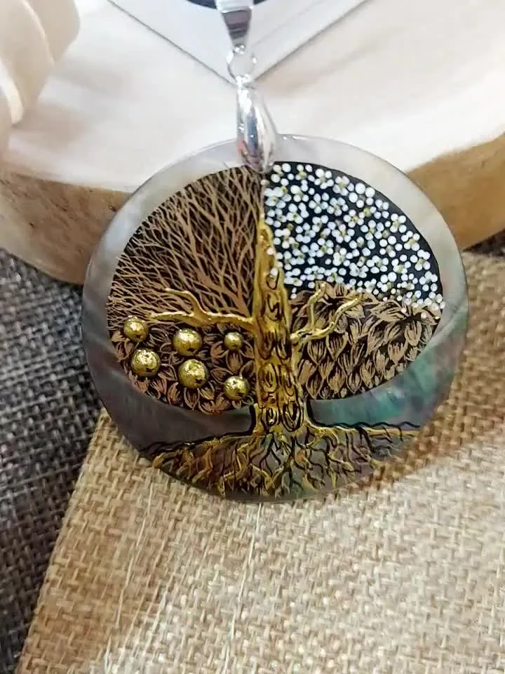 Beautifull Pendant "Tree of life"Mother-of-pearl Hand painted miniature painting magic of painting art jewelry Fedoskino Russian jewelry