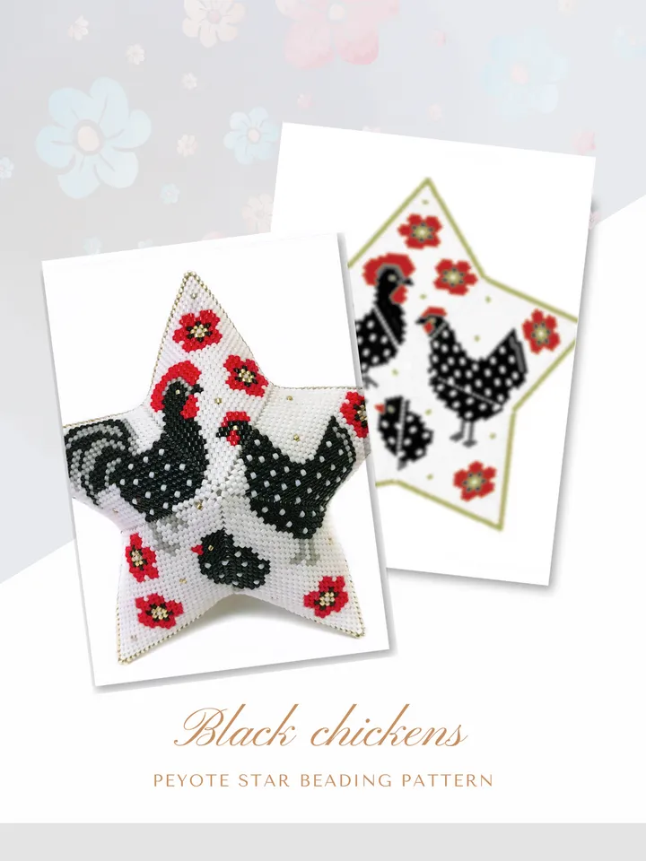 Black Chickens 3D Peyote Star Beading Pattern, Seed Bead Birds Ornament, Beaded Star Pattern