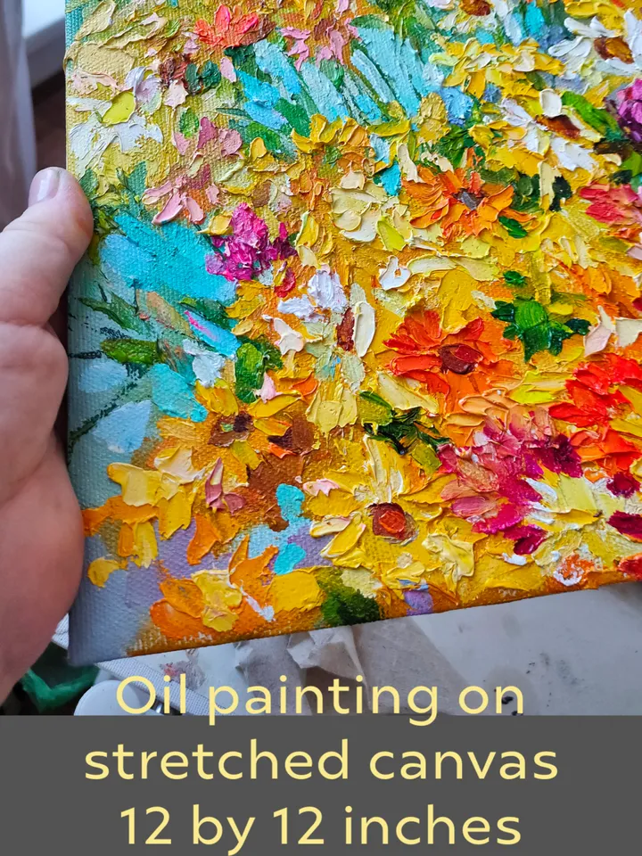 Painting "Daisies" Flowers Artwork Oil Impasto Palette knife Canvas on stretcher 12 by 12 inches Author: Nata_Lena_Art