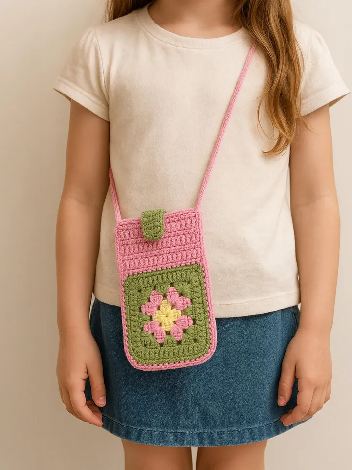 Granny Square Flower Crochet Phone Bag PDF Pattern – Cute Pink Green Crossbody Pouch Tutorial – DIY Floral Mobile Purse Pattern