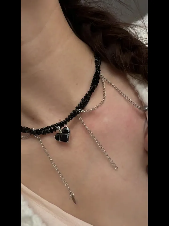 glass bead choker with black heart pendant