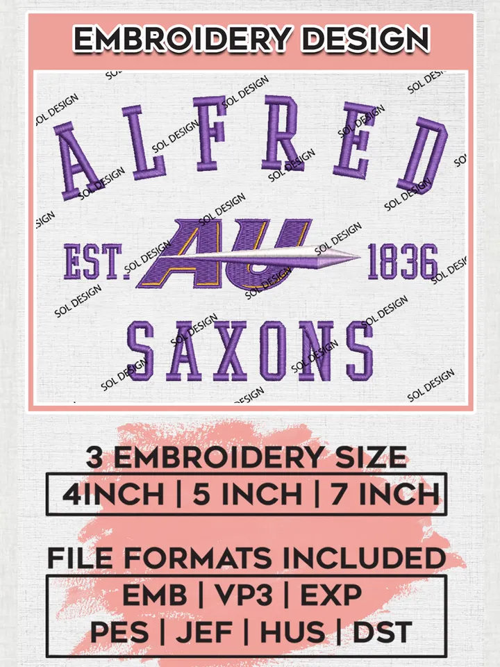 NCAA Alfred Saxons College Team Est 1836 Logo Embroidery Design Files, NCAA Alfred Saxons Machine Embroidery, NCAA Teams, 3 sizes, NCAA Machine embroidery designs, Digital Download