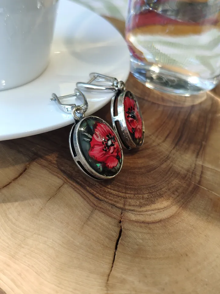 Pearl earrings: Tiny Elegant Red Pearl Earrings with hand painted Poppies • Aesthetic Handmade jewelry art earrings • Dainty gift for her