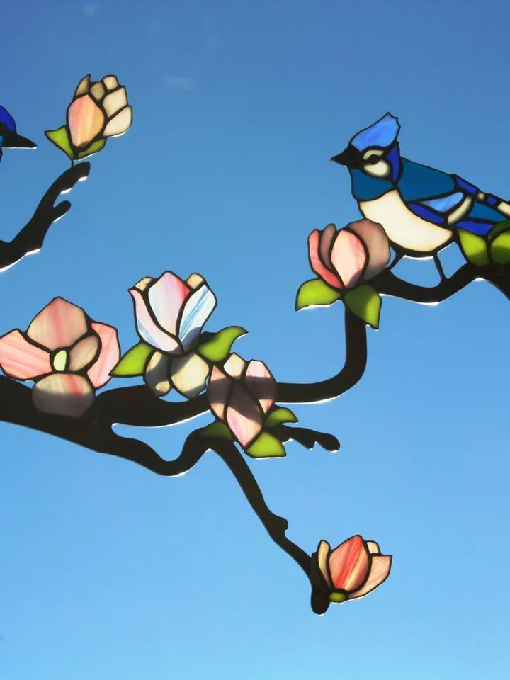 Tiffany Stained Glass: Magnolia Branch with Blue Jays, Tiffany Stained Glass Magnolia Branch with Blue Jays, Magnolia Blossom and Blue Jays, Stained Glass Magnolia Branch and Songbirds,Decorative Tiffany Glass Art: Magnolia Flowers and Birds
