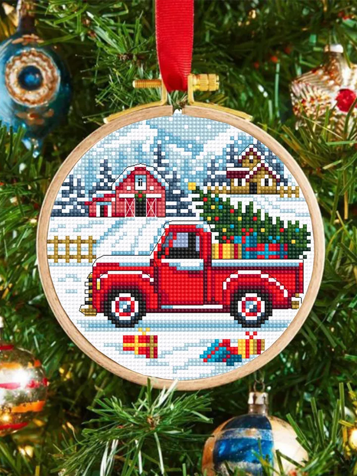Red truck christmas cross stitch pattern PDF download Winter landscape cross stitch, Christmas pattern digital PDF Christmas farm barn #N177