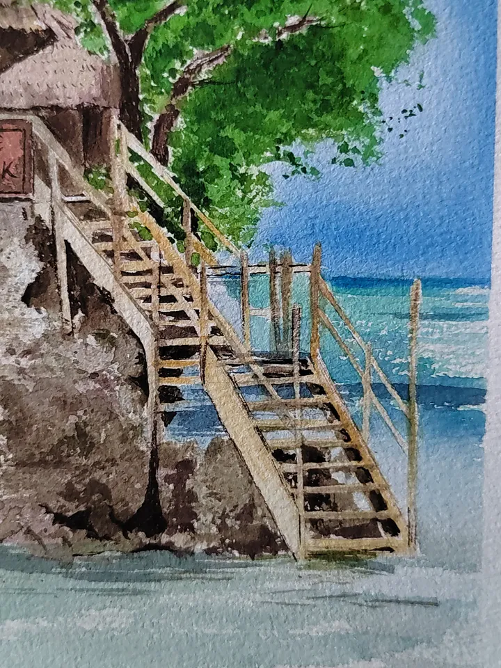 Zanzibar Seascape Painting Restaurant Rock Artwork Original Watercolor Painting White House on the Rock Art 11.81x15.74 in by SoftWaves