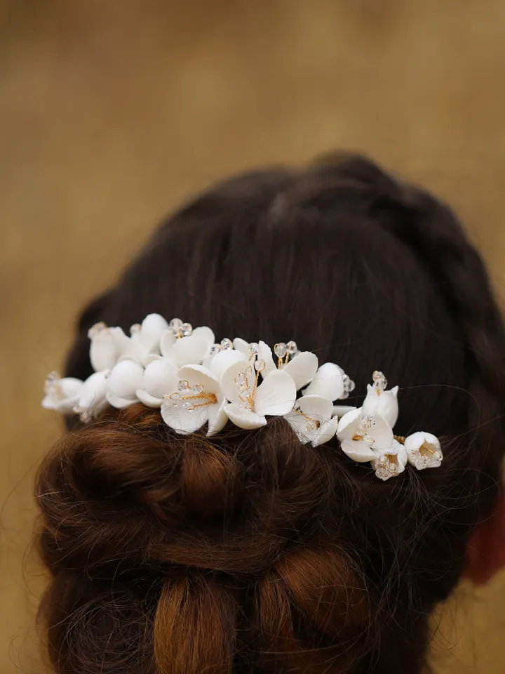 Gold Wedding hair accessories, Porcelain Flower Headpiece, Floral Bridal Headpiece, Rose Gold Hair Comb, Leaves Bridal Hair Accessories,