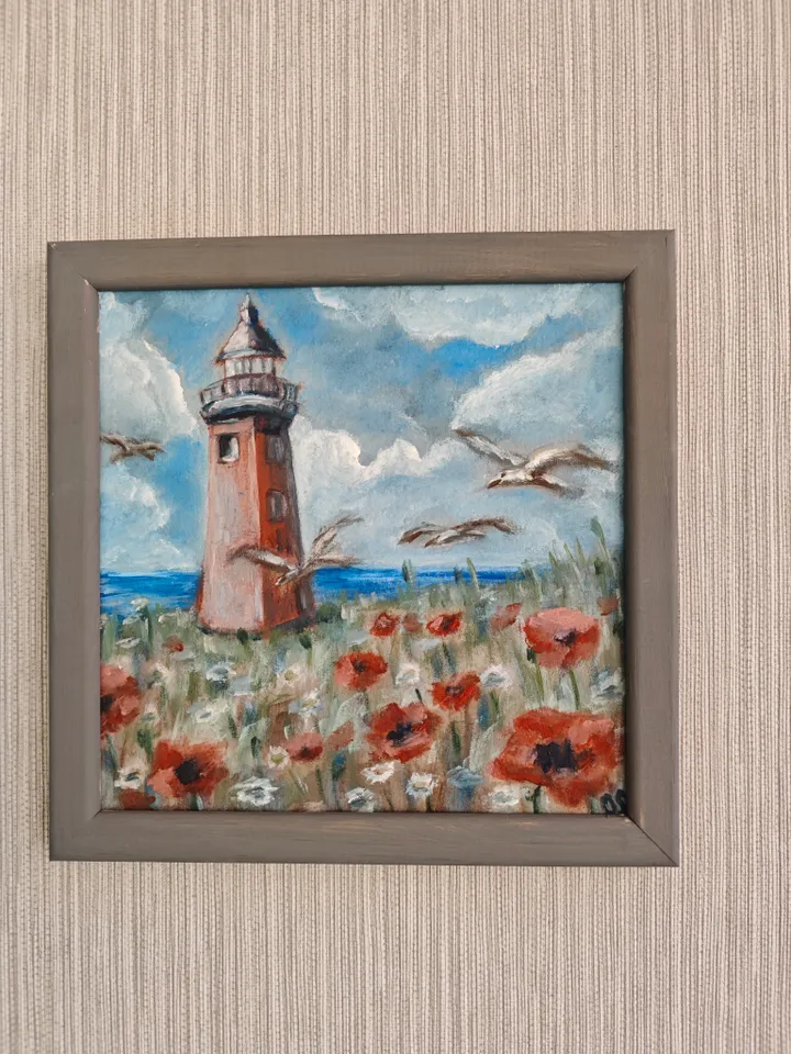 Lighthouse Landscape Original Painting Old Lighthouse Sea Coast Original Art Lighthouse Sea Modern Artwork Old Lighthouse Seascape Wall Decor 8x8 inches by OlgaSokolovaArt