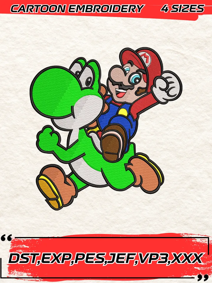 Mario and Yoshi Embroidery Design, Super Mario Embroidery Design ,Machine Embroidery Design File,4 Sizes, Digital Download